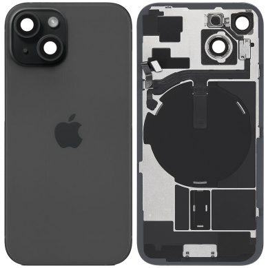 Tapa Trasera de Cristal iPhone 15 (Negro) (Componentes Preinstalados) (Lente Cristal de Zafiro) (OEM)